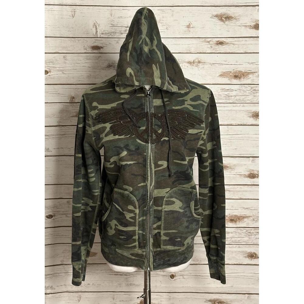 Vintage Lucky Brand military camo embroidered peace sign full zip hoodie Medium